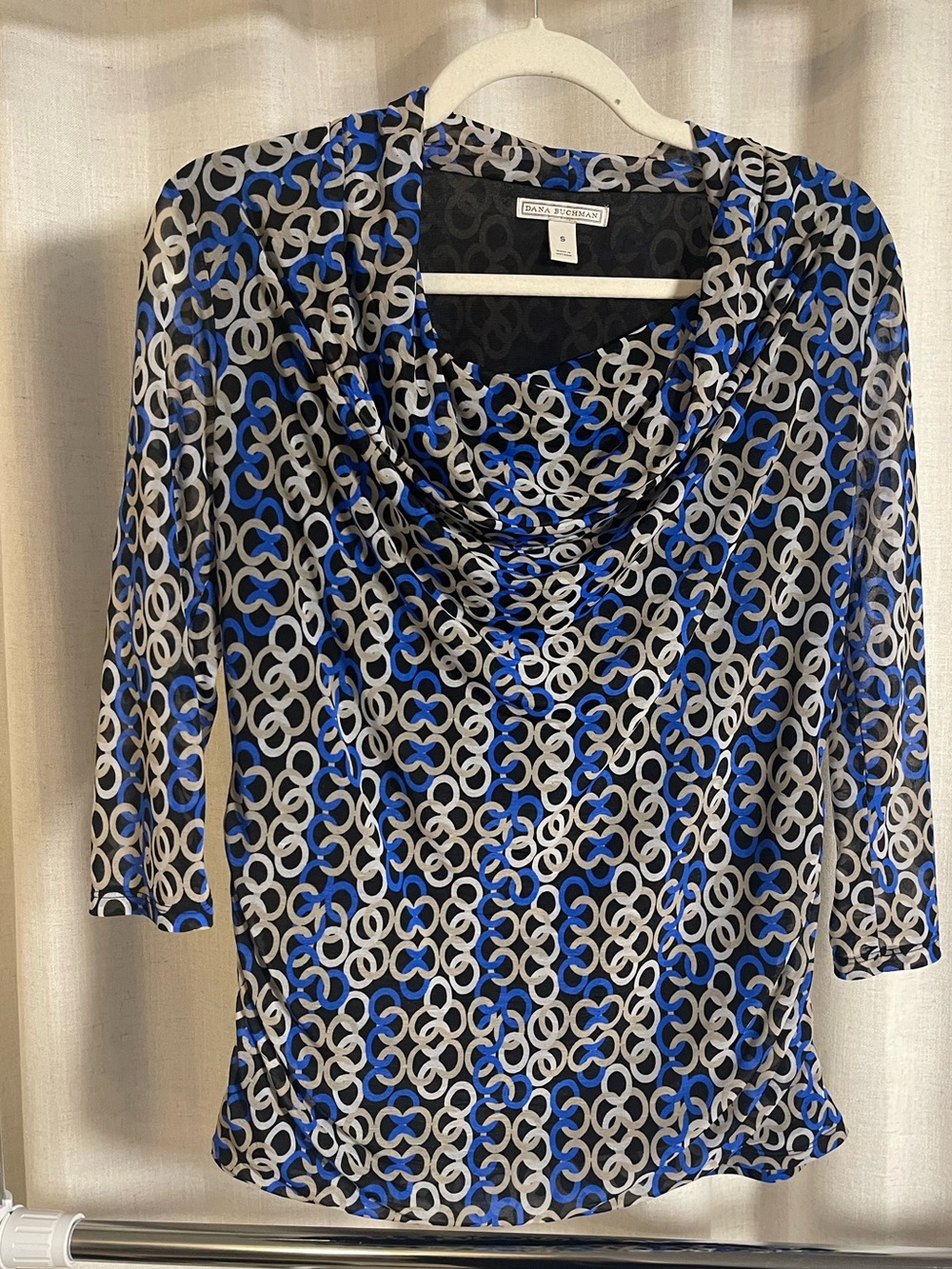 Dana Buchman Blue, Black & Gray Geometric Cowl Neck Top